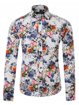 APTRO Men's Spring Flower Printing Fashion Fashion Lapel Long Sleeve Shirt