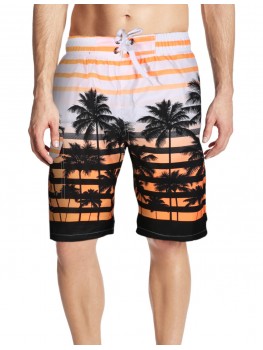 APTRO Men's Colorful Stripe and Coconut Tree Printing Beach Short